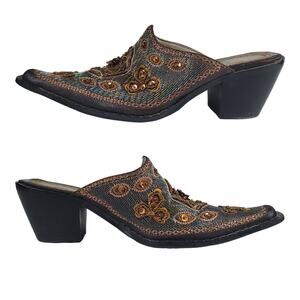 Luichiny Ltd Teal Blue Amber Copper Sequins Beads Boho Shoes Heels Mules Size 7